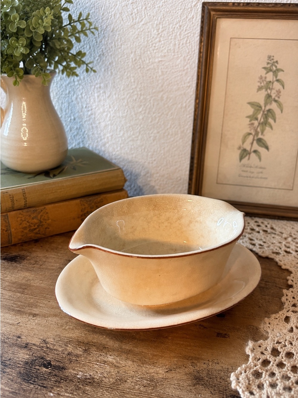 Vintage Cream Glaze Gravy Boat & Underplate | Brown Trim - Picture 1 of 14